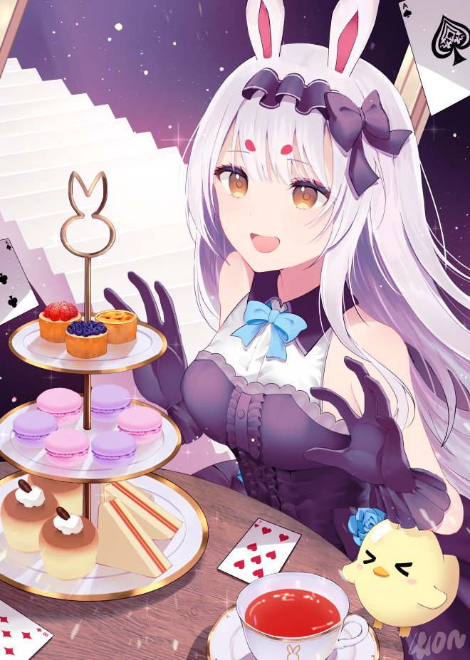 1girl ace_of_spades animal_ears azur_lane black_bow black_gloves blue_flower blue_rose bow brown_eyes card cup dress eight_of_hearts flower food frilled_dress frills gloves grey_hair hair_bow long_hair macaron manjuu_(azur_lane) open_mouth playing_card rabbit_ears rose sandwich saucer seven_of_hearts shan_(ti0n) shimakaze_(azur_lane) sleeveless sleeveless_dress spade_(shape) stairs table teacup third-party_source three_of_clubs two-tone_dress