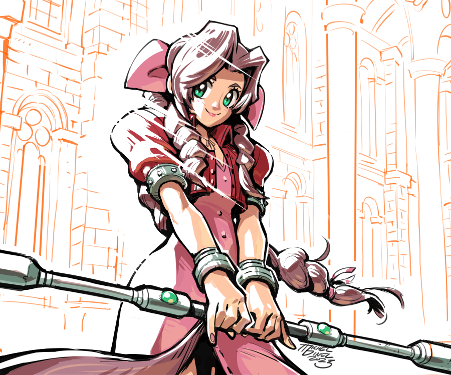 1girl aerith_gainsborough bangle bracelet braid braided_ponytail breasts brown_hair choker church cowboy_shot cropped_jacket curly_hair dress final_fantasy final_fantasy_vii green_eyes hair_ribbon holding holding_staff indoors jacket jewelry long_dress long_hair looking_at_viewer materia medium_breasts michel_dinel parted_bangs pink_dress pink_nails pink_ribbon puffy_short_sleeves puffy_sleeves red_jacket ribbon ribbon_choker short_sleeves sidelocks signature single_braid smile solo staff unbuttoned_dress v_arms