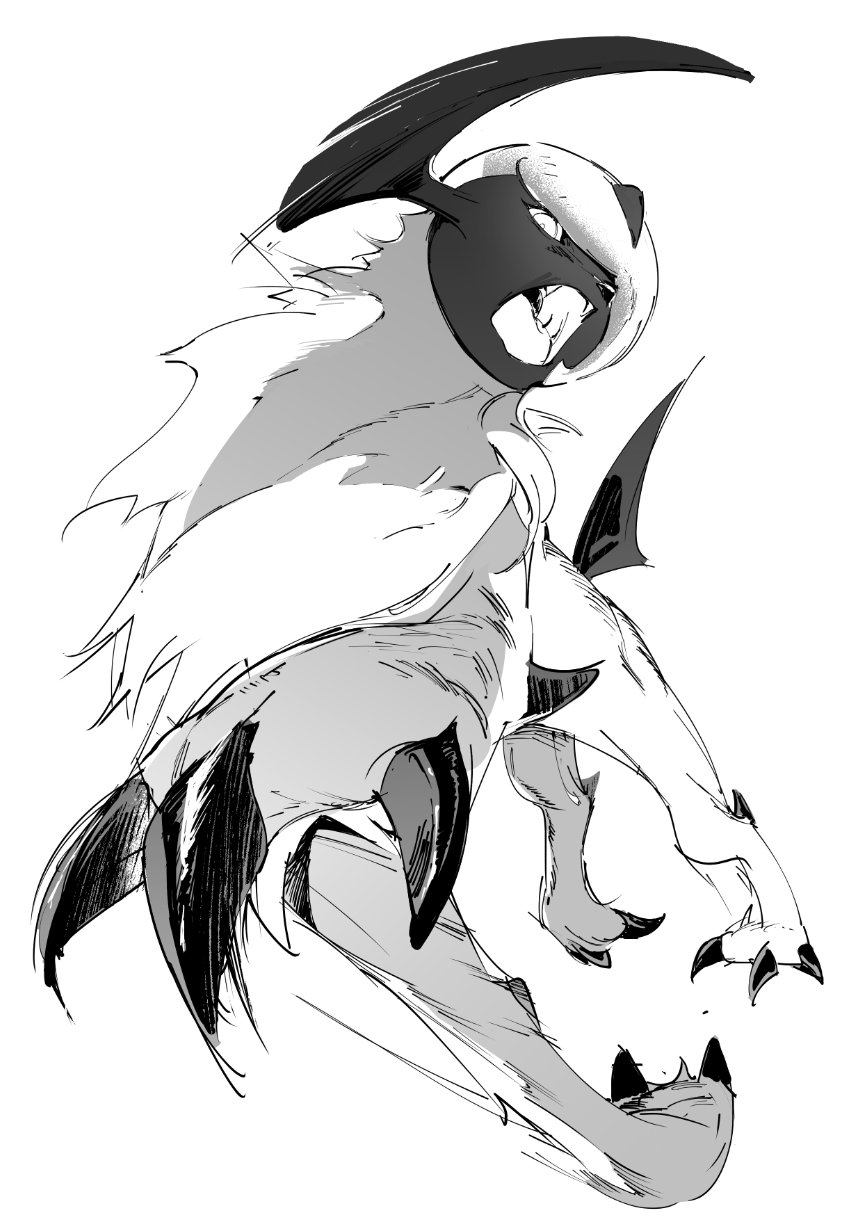 absol animal_focus atie1225 claws full_body greyscale highres looking_at_viewer monochrome no_humans open_mouth pokemon pokemon_(creature) simple_background solo standing white_background