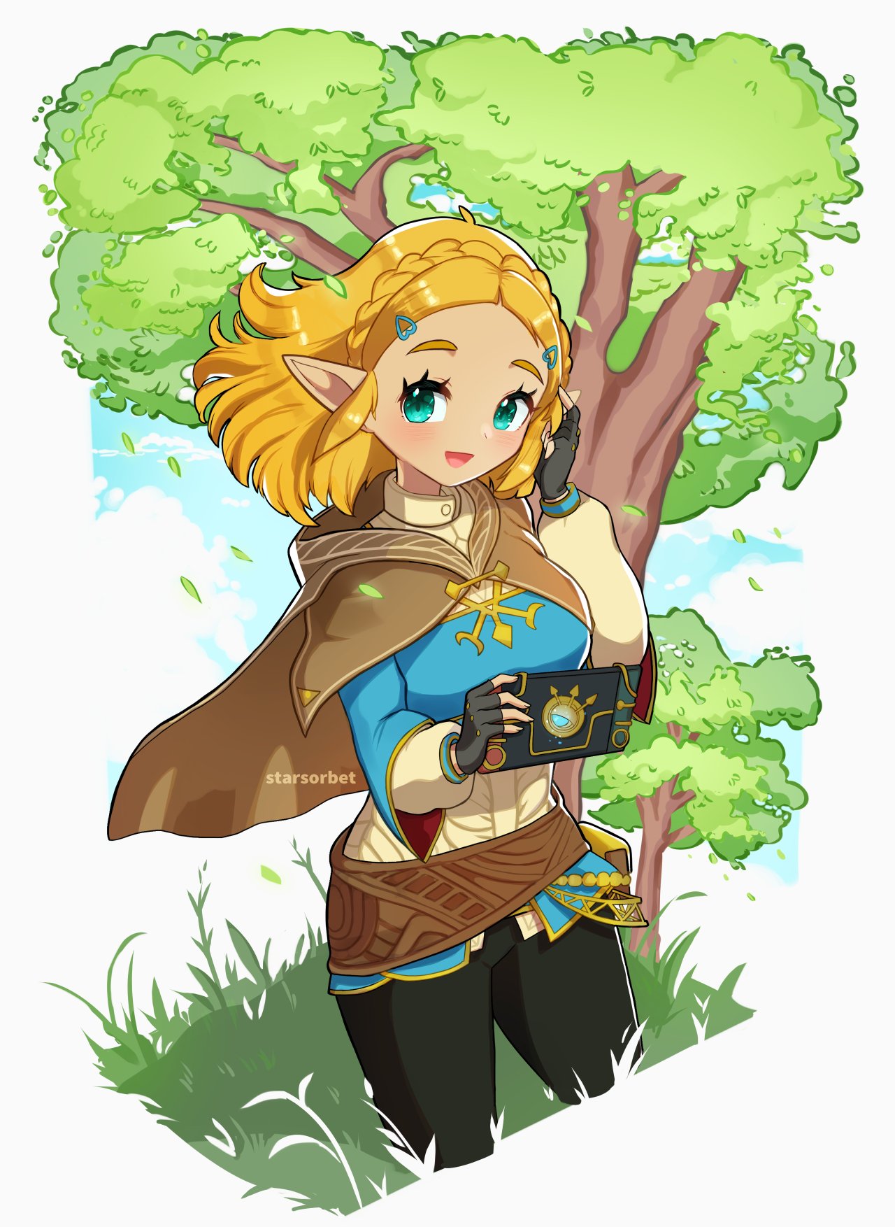 1girl :d artist_name belt black_gloves black_pants blue_shirt braid brown_belt fingerless_gloves gloves grass green_eyes hair_ornament hairclip highres holding medium_hair open_mouth outdoors pants parted_bangs pointy_ears princess_zelda sheikah_slate shirt smile solo starsorbet the_legend_of_zelda the_legend_of_zelda:_tears_of_the_kingdom tree