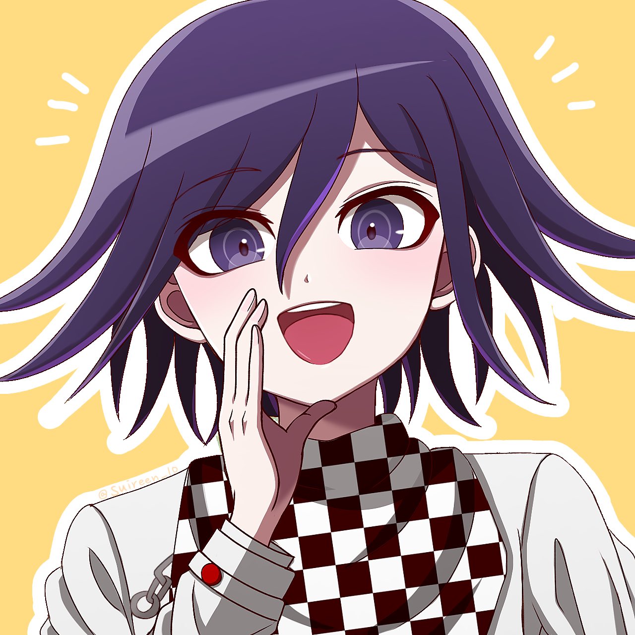 1boy :d checkered_clothes checkered_scarf danganronpa_(series) danganronpa_v3:_killing_harmony hand_up highres jacket long_sleeves male_focus medium_hair notice_lines ouma_kokichi outline pink_hair purple_hair scarf smile solo suiren_yurei teeth tongue unmoving_pattern upper_teeth_only violet_eyes white_jacket white_outline yellow_background