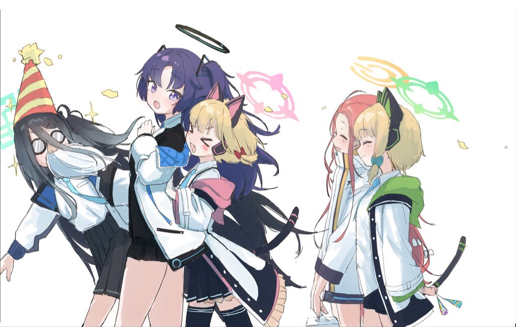 &gt;_&lt; 5girls :d animal_ear_headphones animal_ears aris_(blue_archive) black_skirt black_thighhighs blonde_hair blue_archive blue_hair blue_necktie bow cat_ear_headphones cat_tail closed_eyes collared_shirt dark_blue_hair fake_animal_ears fake_facial_hair fake_mustache fake_nose formal frilled_jacket frills funny_glasses glasses green_bow hair_between_eyes hair_bow halo hat headphones holding_party_popper hood hooded_jacket jacket long_hair medium_hair midori_(blue_archive) miniskirt momoi_(blue_archive) multicolored_clothes multicolored_jacket multiple_girls necktie no_gloves off_shoulder one_side_up open_clothes open_jacket parted_bangs party_hat party_popper pleated_skirt purple_hair pushing red_bow redhead shirt shorts sidelocks simple_background skirt smile suit suspenders syupon tail thigh-highs very_long_hair violet_eyes white_background white_jacket white_shirt wide_sleeves xd yuuka_(blue_archive) yuzu_(blue_archive)