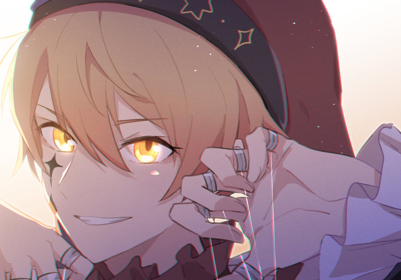 1boy akistalu commentary facepaint frilled_sleeves frills gradient_background hair_between_eyes hat long_sleeves looking_at_viewer male_focus orange_hair project_sekai solo star_(symbol) string symbol-only_commentary teeth ten_no_hate_no_phoenix_e_(project_sekai) tenma_tsukasa yellow_eyes