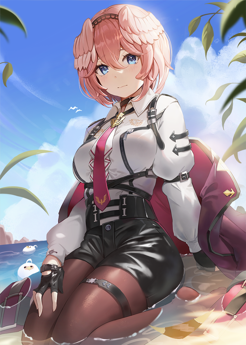 1girl arm_strap beach bird black_gloves black_hairband black_shorts blue_eyes blue_sky blush breast_zipper breasts brown_pantyhose closed_mouth clouds cloudy_sky coat coat_removed collared_shirt commentary corset day dress_shirt fingerless_gloves full_body gloves hair_between_eyes hairband head_wings highres hololive kinsuke_z leather leather_shorts long_sleeves looking_at_viewer medium_breasts necktie no_shoes ocean outdoors pantyhose pantyhose_under_shorts pink_hair purple_coat red_necktie shirt short_hair short_shorts shorts sitting sky solo symbol-only_commentary takane_lui thigh_strap tsukune_(takane_lui) tsumire_(takane_lui) underbust virtual_youtuber wariza white_shirt wing_collar