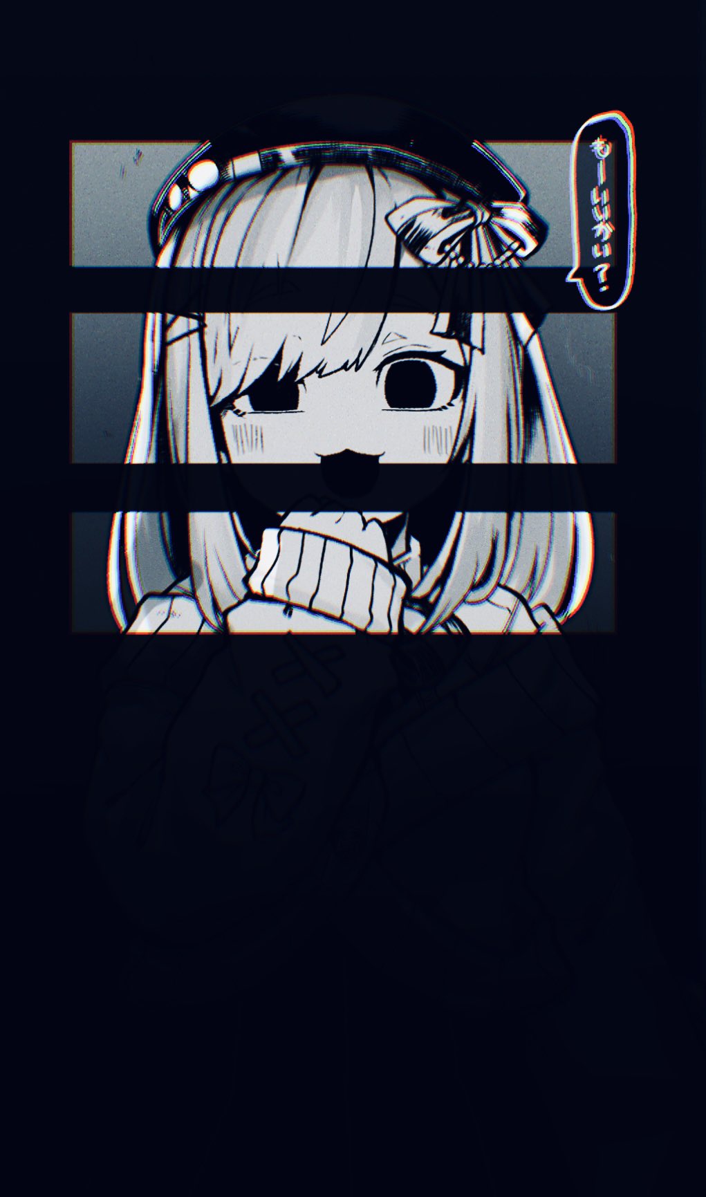 1girl :3 beret black_eyes bow covering_mouth evil_smile gesugao hair_ornament hand_over_own_mouth hat hatyuuruinohito highres horror_(theme) laughing monochrome nijisanji pov smile sneer speech_bubble suzuhara_lulu upper_body x_hair_ornament yandere you_gonna_get_raped