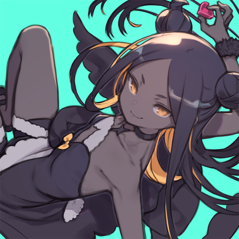 1girl aqua_background bare_shoulders black_choker black_dress black_hair blonde_hair candy chocolate choker colored_inner_hair commentary_request dark-skinned_female dark_skin double_bun dress flat_chest food hair_bun hair_horns heart heart-shaped_chocolate holding holding_chocolate holding_food kuroboshi_kouhaku long_hair looking_at_viewer multicolored_hair original parted_bangs roroboshi-chan scrunchie short_eyebrows simple_background smile solo strapless strapless_dress two-tone_hair very_dark_skin wrist_scrunchie yellow_eyes