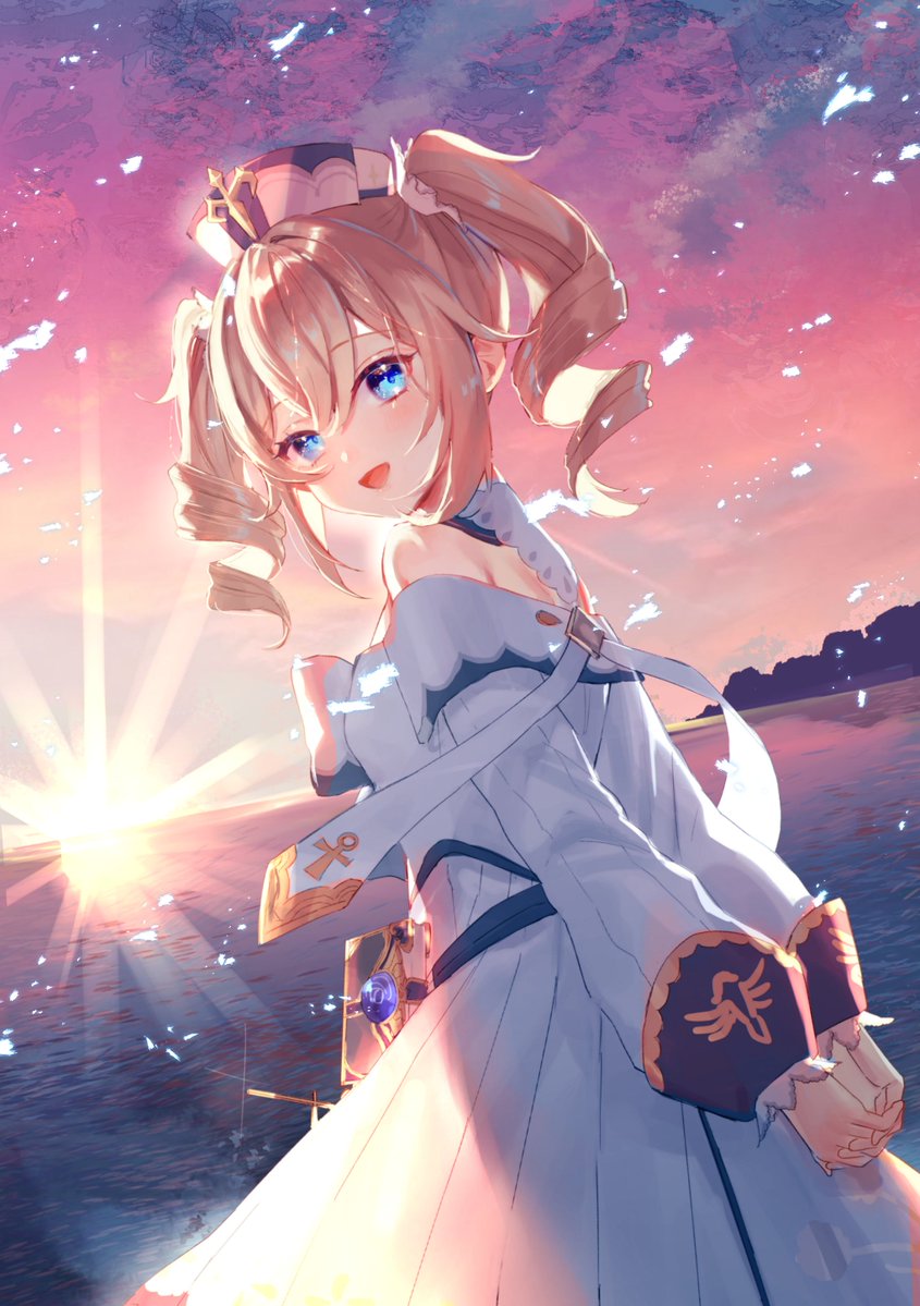 1girl arms_behind_back back barbara_(genshin_impact) bare_shoulders blonde_hair blue_eyes blue_gemstone bow breasts bush clouds cloudy_sky cross_print dress from_behind gem genshin_impact gold_trim gradient_sky hair_between_eyes harushio hat hat_ornament long_hair long_sleeves looking_at_viewer looking_back medium_breasts ocean off-shoulder_dress off_shoulder open_mouth outdoors own_hands_together pink_sky puffy_long_sleeves puffy_sleeves purple_sky reflection sky smile solo sparkle standing sun sunlight sunset tongue twintails vision_(genshin_impact) water white_bow white_dress white_headwear