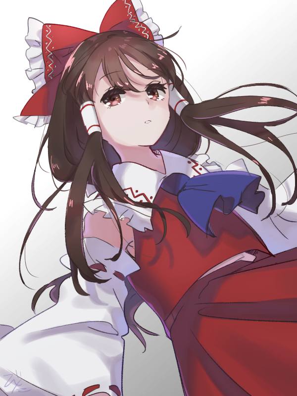1girl ascot bitan_san blue_ascot bow brown_eyes brown_hair commentary detached_sleeves gradient_background hair_bow hair_tubes hakurei_reimu long_hair looking_at_viewer parted_lips red_bow red_skirt red_vest shirt skirt solo touhou upper_body vest white_background white_shirt wide_sleeves