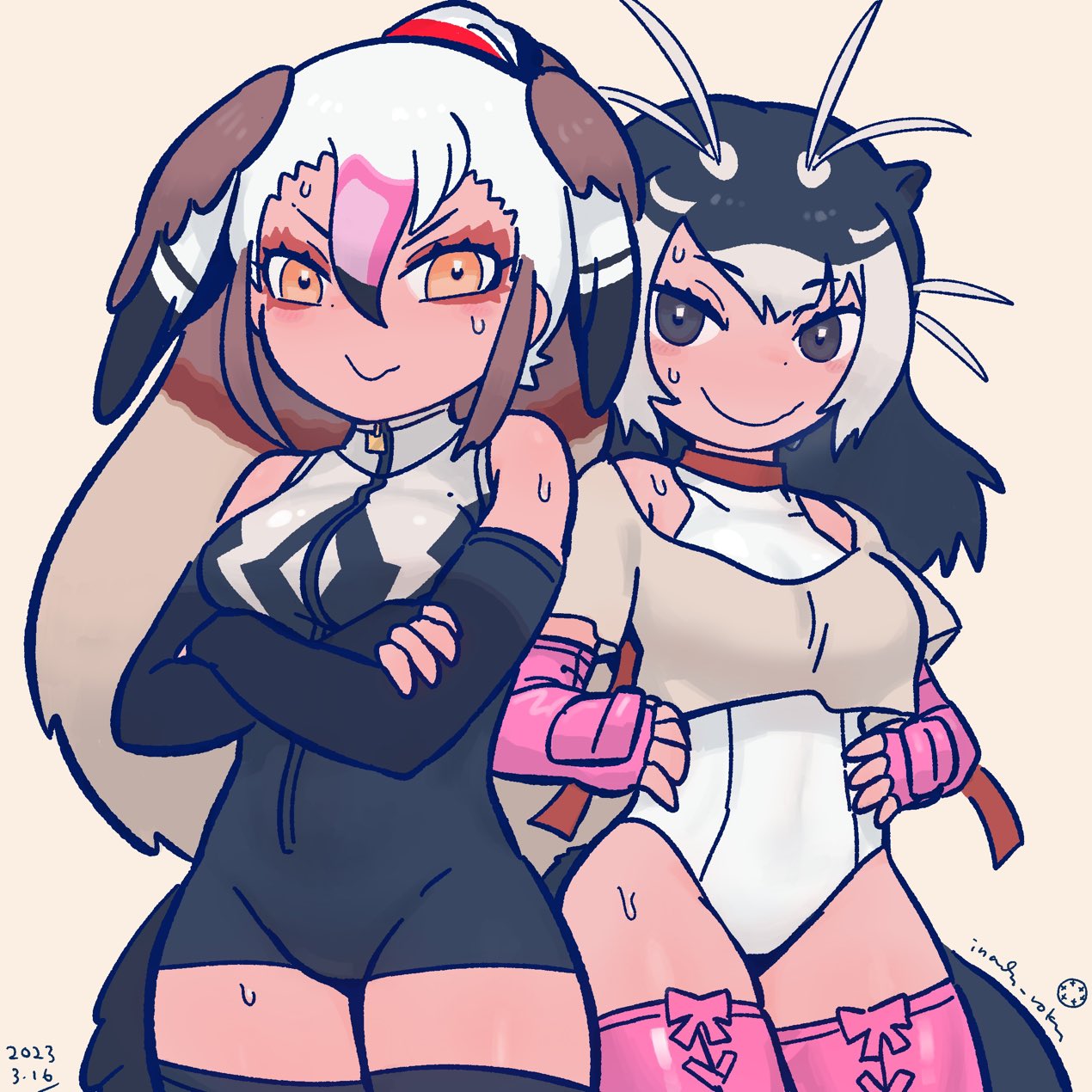 2girls animal_ears antenna_hair artist_name bare_shoulders bird_girl bird_tail bird_wings black_eyes black_hair brown_hair closed_mouth cosplay costume_switch cowboy_shot cropped_shirt crossed_arms egyptian_goose_(kemono_friends) elbow_gloves eyelashes fingerless_gloves giant_otter_(kemono_friends) giant_otter_(kemono_friends)_(cosplay) gloves grey_hair hair_between_eyes head_wings high_ponytail highres inada_roku kemono_friends leotard leotard_under_clothes light_blush long_hair looking_at_viewer makeup multicolored_hair multiple_girls one-piece_swimsuit orange_eyes otter_ears otter_girl otter_tail pink_hair shirt short_sleeves side-by-side simple_background smile sweat swimsuit tail tan thigh-highs turtleneck turtleneck_swimsuit two-tone_hair very_long_hair wavy_mouth white_hair wings zipper zipper_pull_tab