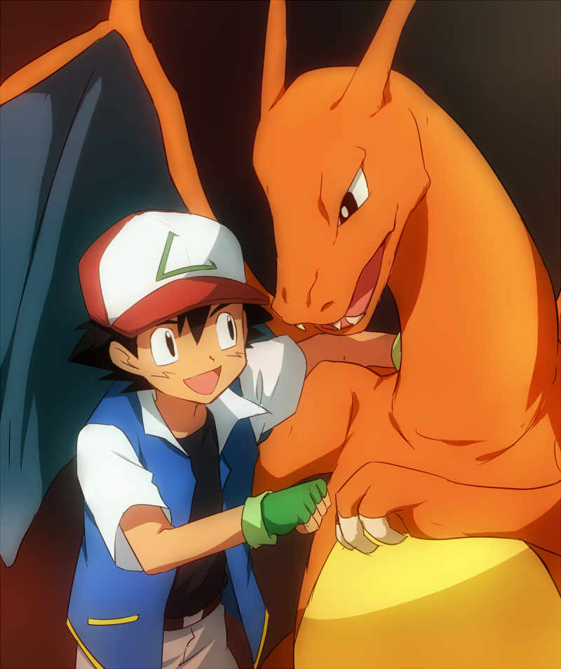 1boy ash_ketchum black_hair charizard fangs fingerless_gloves fist_bump gloves green_gloves hand_on_another's_shoulder hat long_neck looking_at_another male_focus maruki_(punchiki) open_mouth pokemon pokemon_(anime) pokemon_(classic_anime) pokemon_(creature) short_sleeves