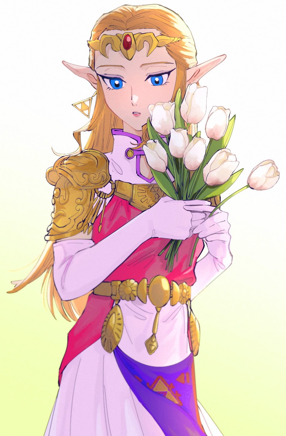 1girl blonde_hair blue_eyes cowboy_shot dress earrings elbow_gloves flower gem gloves gold gradient_background green_background highres holding holding_flower jewelry long_hair pink_dress pointy_ears princess_zelda shoulder_plates solo teeth the_legend_of_zelda the_legend_of_zelda:_ocarina_of_time triforce_earrings white_background white_dress white_flower white_gloves yamori_(yamoooon21)