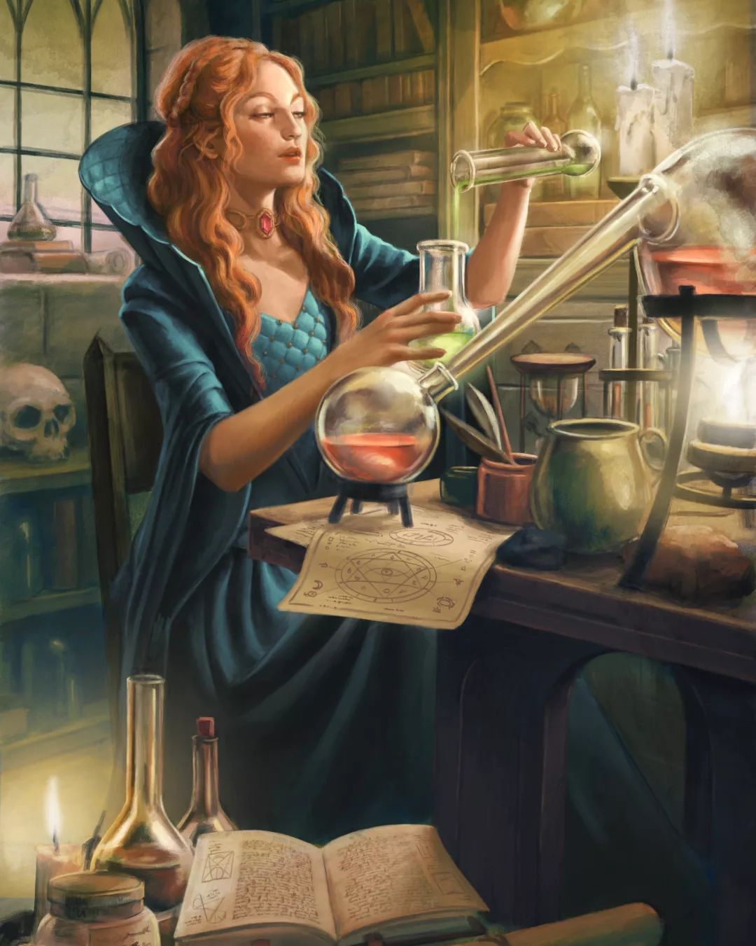 1girl alchemy arthurian_legend beaker beaker_holster book braid cape chemical_structure chemicals chemistry dress flask highres holding holding_test_tube laboratory liquid long_hair long_sleeves morgan_le_fay non-web_source open_mouth poorsailor potion redhead round-bottom_flask skull structural_formula table test_tube test_tube_rack vial