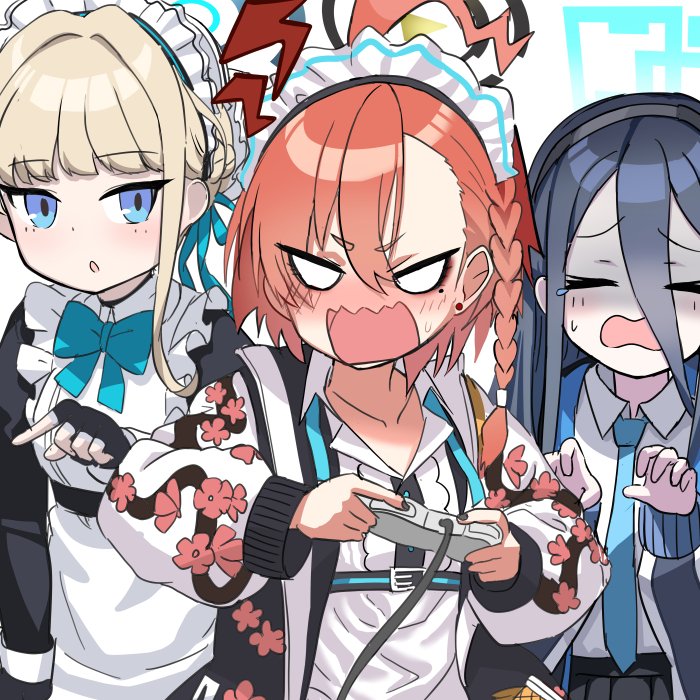 3girls absurdly_long_hair ahoge apron aris_(blue_archive) black_hair blue_archive blue_eyes braid bun_cover collared_shirt commentary_request controller earrings game_controller hair_between_eyes hairband halo holding holding_controller holding_game_controller jacket jewelry light_brown_hair long_hair long_sleeves looking_at_viewer maid maid_apron maid_headdress multiple_girls necktie neru_(blue_archive) o_(rakkasei) open_clothes open_jacket parted_bangs playing_games redhead school_uniform shirt sidelocks simple_background single_braid sukajan sweatdrop toki_(blue_archive) very_long_hair white_background
