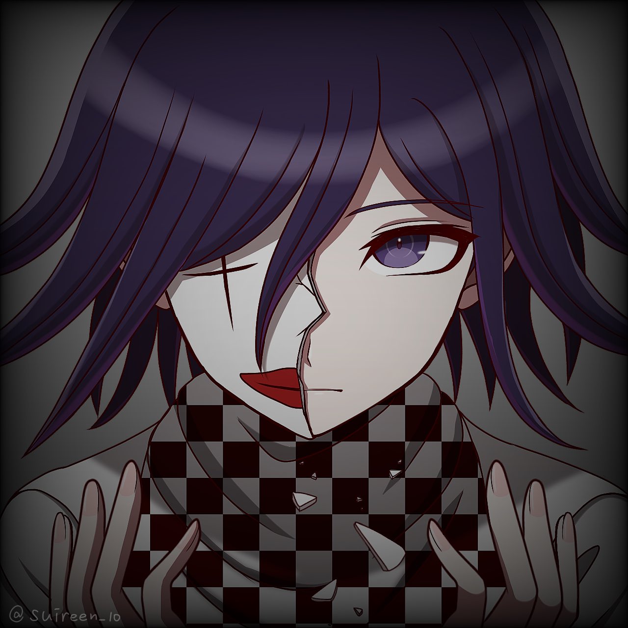 1boy artist_name black_border border broken_mask checkered_clothes checkered_scarf danganronpa_(series) danganronpa_v3:_killing_harmony gradient_background grey_background grey_jacket hair_between_eyes hands_up highres jacket long_sleeves male_focus mask ouma_kokichi pink_hair purple_hair scarf short_hair solo suiren_yurei violet_eyes