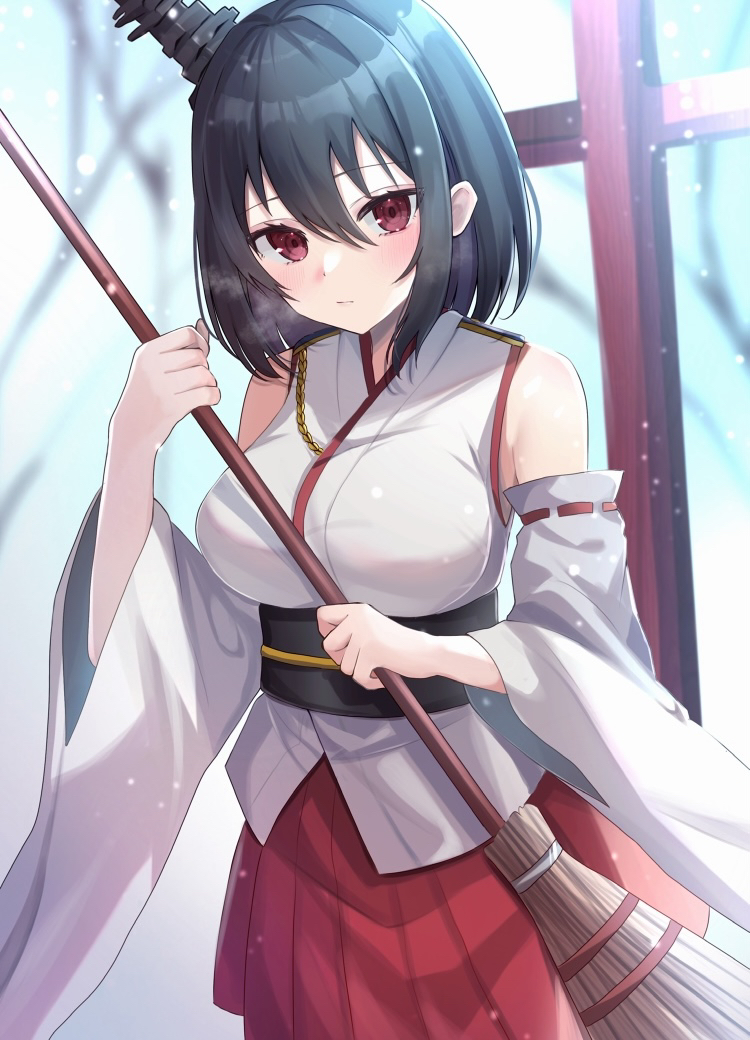 1girl bare_shoulders black_hair blush broom closed_mouth commentary detached_sleeves hair_between_eyes hair_ornament hakama holding holding_broom japanese_clothes kantai_collection nontraditional_miko red_eyes red_hakama ribbon-trimmed_sleeves ribbon_trim short_hair solo wide_sleeves yamashiro_(kancolle) yoshino_(mfmfpng)