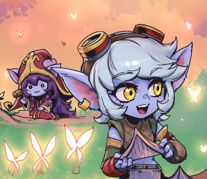 2girls :3 :d bare_shoulders blush brown_shirt colored_skin crop_top dress earrings fairy fingerless_gloves freckles gloves goggles goggles_on_headwear grey_hair grey_skin hammer holding holding_hammer jewelry league_of_legends lulu_(league_of_legends) medium_hair multiple_girls phantom_ix_row pointy_ears red_dress red_headwear shirt smile striped_sleeves teeth tristana upper_teeth_only yellow_eyes yordle