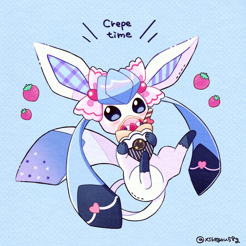 blue_eyes blush bow covered_mouth crepe english_text food fruit full_body glaceon heart holding holding_food mochopaccho pink_bow plaid pokemon pokemon_(creature) polka_dot polka_dot_background star_(symbol) star_print strawberry striped twitter_username wafer_stick