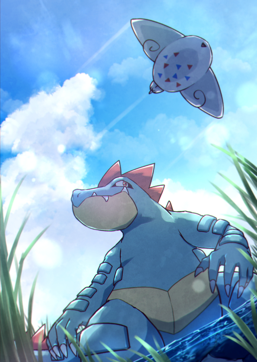 blue_skin blue_sky claws closed_mouth clouds colored_skin fangs fangs_out feraligatr flying grass highres kotobukkii_(yt_lvlv) open_mouth outdoors partially_submerged pokemon red_eyes shallow_water sideways_glance sky standing sunlight togekiss water yellow_skin