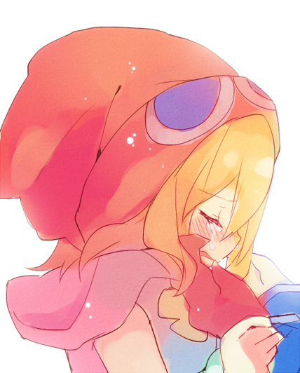 1boy 1girl amitie_(puyopuyo) ana_(rznuscrf) blonde_hair blush closed_eyes crying hand_on_another's_face puyopuyo red_headwear short_hair sig_(puyopuyo) simple_background white_background