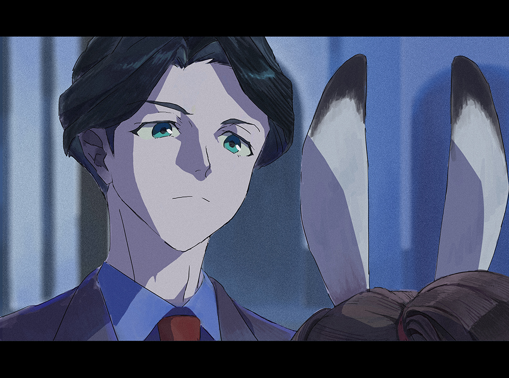 1boy 1girl andrew_hanbridge animal_ears blue_shirt blurry blurry_background brown_hair collared_shirt domdomtaico faceless faceless_female green_eyes hair_intakes jacket kagari_atsuko male_focus necktie purple_jacket rabbit_ears red_necktie shirt solo_focus split_mouth