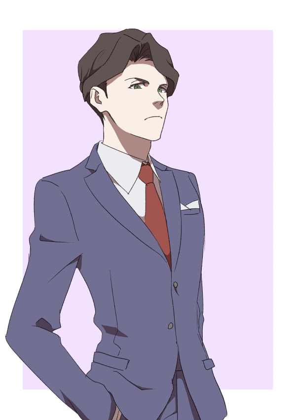 1boy andrew_hanbridge arms_at_sides brown_hair collared_shirt green_eyes hair_intakes hand_in_pocket jacket lapels little_witch_academia male_focus mitsuko_(4afe6300) necktie notched_lapels pants pink_background pocket_square purple_background purple_jacket purple_pants red_necktie shirt simple_background solo standing white_background white_shirt