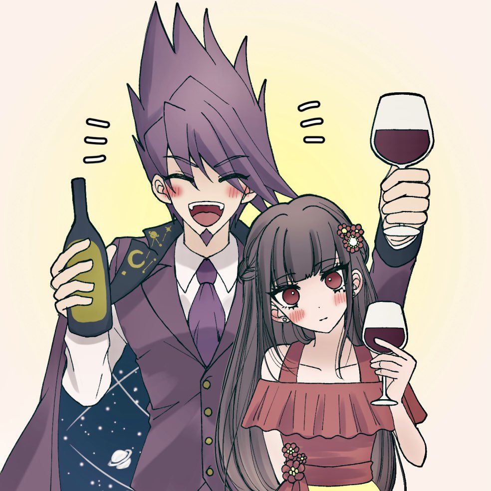 1boy 1girl :d blush bottle braid brown_hair buttons closed_eyes collarbone collared_shirt commentary_request cup danganronpa_(series) danganronpa_10th_anniversary_costume danganronpa_v3:_killing_harmony dress earrings facial_hair flower goatee gradient_background hair_flower hair_ornament hand_up harukawa_maki holding holding_bottle holding_cup jacket jewelry long_hair looking_at_viewer mole mole_under_eye momota_kaito necktie notice_lines pink_jacket purple_hair purple_necktie red_dress red_eyes red_flower satori_(aosky9077) shirt smile space_print spiky_hair starry_sky_print teeth upper_teeth_only vest white_shirt