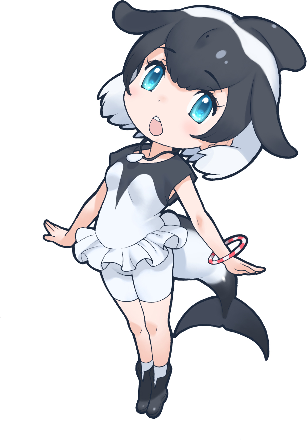 1girl black_hair blue_eyes cetacean_tail commerson's_dolphin_(kemono_friends) dolphin_girl fins fish_tail highres kemono_friends leggings looking_at_viewer multicolored_hair official_art open_mouth shoes simple_background socks solo tail two-tone_hair white_hair yoshizaki_mine