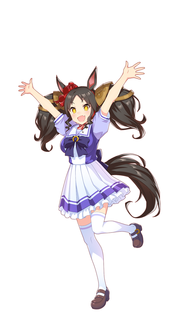 +_+ 1girl :d animal_ears arms_up black_hair bow bowtie brown_footwear fang frilled_skirt frills full_body hair_ornament hair_scrunchie highres horse_ears horse_girl horse_tail horseshoe_ornament leg_up looking_at_viewer marvelous_sunday_(umamusume) miniskirt official_art orange_eyes pleated_skirt puffy_short_sleeves puffy_sleeves purple_bow purple_bowtie purple_serafuku purple_shirt red_scrunchie sailor_collar sailor_shirt school_uniform scrunchie serafuku shirt short_sleeves skin_fang skirt smile solo standing summer_uniform tachi-e tail thigh-highs tracen_school_uniform transparent_background twintails umamusume white_bow white_skirt white_thighhighs zettai_ryouiki