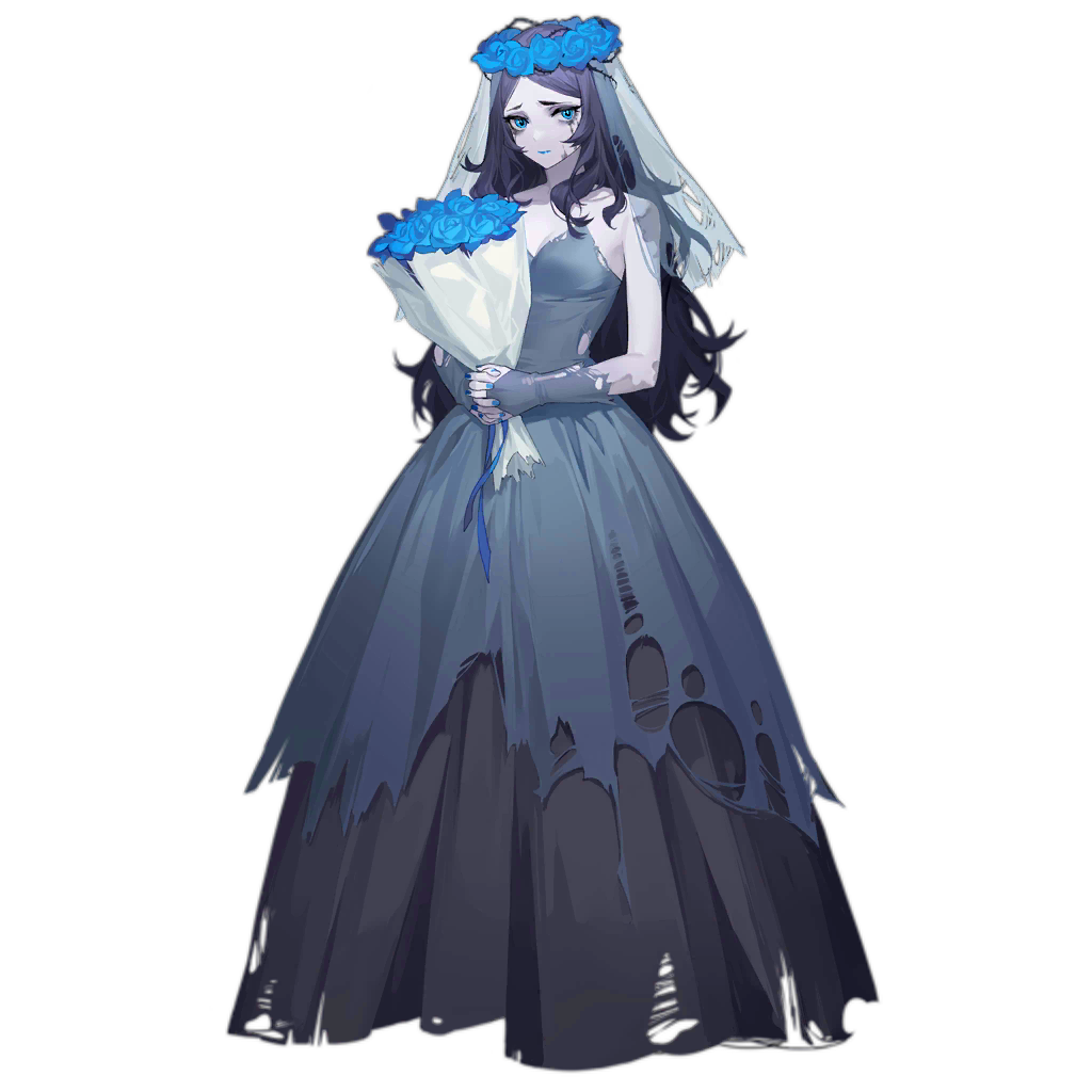 artist_request bare_shoulders blue_dress blue_eyes blue_flower blue_gloves blue_lips blue_nails blue_ribbon bouquet breasts bridal_gauntlets bridal_veil bride closed_mouth corpse_bride_(girls'_frontline) dress expressionless flower flower_request girls_frontline gloves grey_hair halloween halloween_costume head_wreath holding holding_bouquet layered_dress long_dress long_hair looking_at_viewer medium_breasts nail_polish official_art own_hands_clasped own_hands_together pale_skin parted_bangs ribbon simple_background torn_clothes torn_dress torn_gloves torn_veil transparent_background veil very_long_hair zombie