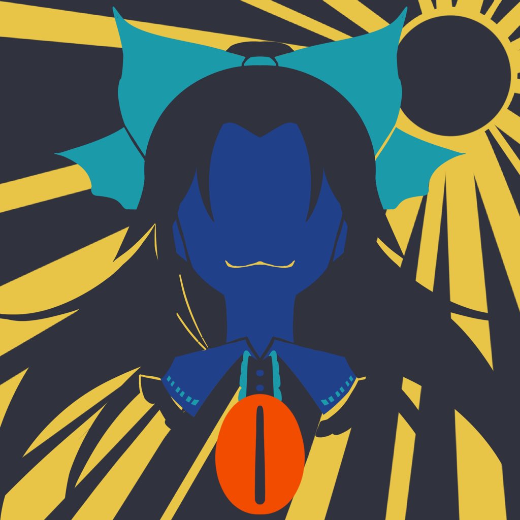 :3 black_hair black_sun blue_ribbon buttons collared_shirt frilled_shirt_collar frills hair_ribbon limited_palette long_hair maskin_mei minimalism red_eyes reiuji_utsuho ribbon shirt slit_pupils smile sun sunlight touhou