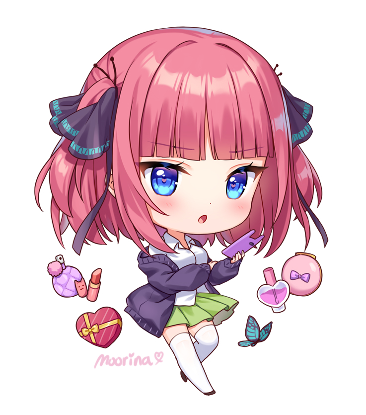 1girl :o artist_name black_ribbon blue_eyes blunt_bangs blush bottle bow box bug butterfly butterfly_hair_ornament cellphone chibi collared_shirt commentary compact_(cosmetics) cosmetics english_commentary eyelashes full_body go-toubun_no_hanayome green_skirt hair_ornament hair_ribbon hand_up heart heart-shaped_box holding holding_phone jacket lipstick_tube long_sleeves looking_at_viewer medium_hair moorina nail_polish_bottle nakano_nino off_shoulder open_clothes open_jacket open_mouth perfume_bottle phone pink_bow pink_hair pleated_skirt purple_jacket ribbon shirt sidelocks signature simple_background skirt smartphone smartphone_case solo thigh-highs two_side_up v-shaped_eyebrows white_background white_shirt white_thighhighs wing_collar