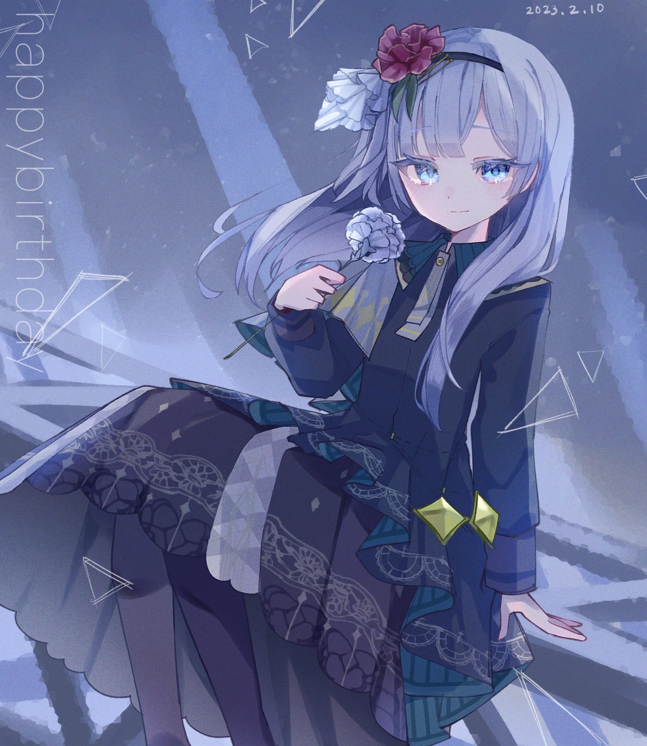 1girl black_dress black_hairband blue_eyes closed_mouth commentary dated dress english_text flower grey_background grey_hair hairband happy_birthday highres holding holding_flower housuke_(flb66i2qnuqy63f) long_hair long_sleeves looking_at_viewer project_sekai rose sitting white_flower white_rose yoisaki_kanade