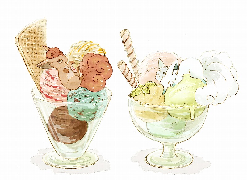 2others alolan_vulpix ambiguous_gender brown_eyes brown_fur closed_eyes dessert food ice_cream ice_cream_cone ice_cream_scoop itsuru96 leaf multiple_others no_humans pokemon pokemon_(creature) quadruple_scoop vulpix wafer_stick waffle_cone white_fur