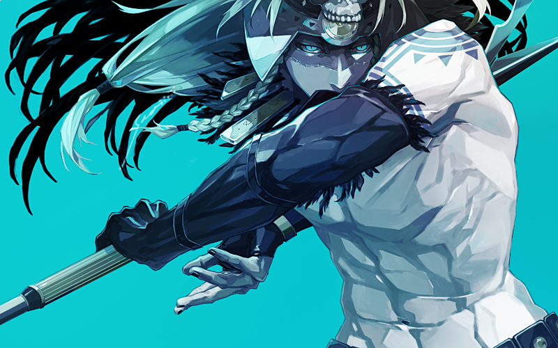 1boy arm_tattoo aztec bare_shoulders black_nails blonde_hair blue_background blue_eyes braid fate/grand_order fate_(series) gloves hair_ornament holding holding_polearm holding_weapon long_hair looking_at_viewer male_focus polearm sei_8220 skull_hair_ornament slit_pupils solo tattoo tezcatlipoca_(fate) tezcatlipoca_(third_ascension)_(fate) traditional_clothes twin_braids upper_body weapon
