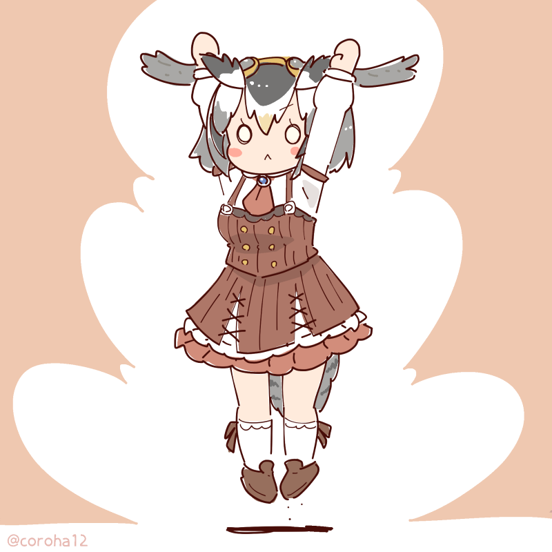 1girl :&lt; bird_tail bird_wings blush_stickers coroha eurasian_eagle_owl_(kemono_friends) goggles goggles_on_head grey_hair head_wings jumping kemono_friends kemono_friends_3 long_sleeves official_alternate_costume owl_ears shoes skirt socks solo suspender_skirt suspenders tail wings