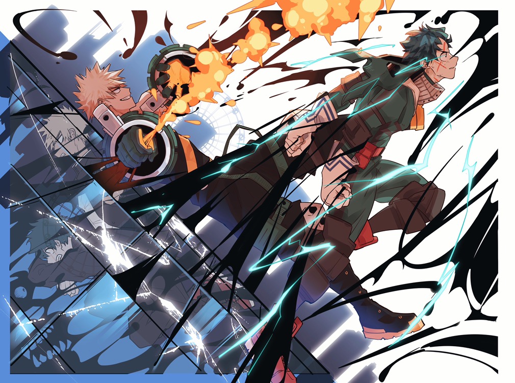 2boys aged_down aprilvith attack baggy_pants bakugou_katsuki belt_pouch black_footwear black_pants blonde_hair blue_background bodysuit boku_no_hero_academia boots chinese_commentary city clenched_hands clenched_teeth colored_shoe_soles combat_boots cracked_floor cracked_glass different_reflection dutch_angle electricity explosion ferris_wheel freckles from_side gakuran glass_floor gloves glowing green_bodysuit green_gloves green_hair grin hands_up high_collar holding knee_pads knee_up long_sleeves looking_ahead looking_at_another male_focus midair midoriya_izuku monster multiple_boys orange_gloves outdoors outside_border outstretched_arms outstretched_leg pants parted_lips pouch profile red_footwear reflection reflective_floor scared school_uniform scratches shoes short_hair silhouette slime_(substance) sludge_villain smile sneakers spiky_hair spoilers teeth tile_floor tiles two-tone_gloves white_background