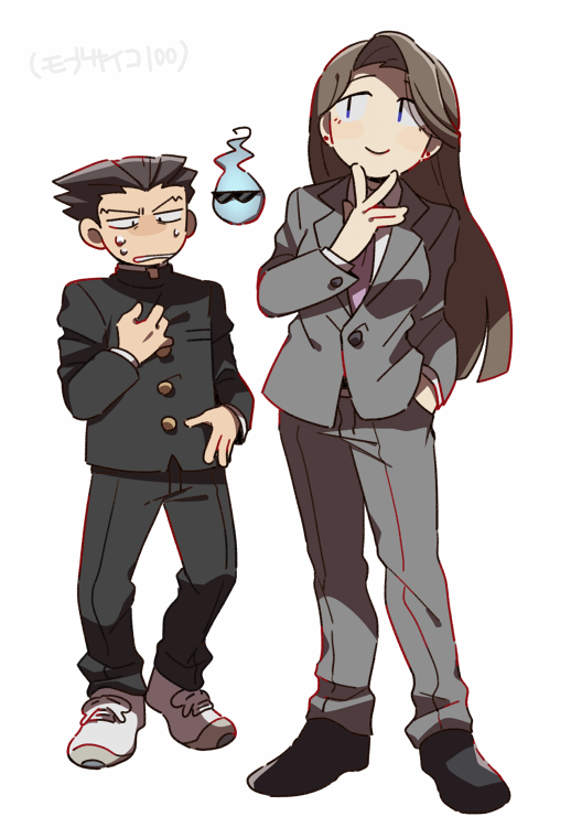 1boy 1girl ace_attorney black_hair black_pants blue_eyes brown_hair cosplay ekubo_(mob_psycho_100) ekubo_(mob_psycho_100)_(cosplay) formal full_body gakuran grey_jacket grey_pants grey_suit hand_in_pocket hand_on_own_chest hand_to_own_mouth jacket kageyama_shigeo kageyama_shigeo_(cosplay) long_hair long_sleeves mia_fey mob_psycho_100 necktie open_mouth pants phoenix_wright pink_necktie reigen_arataka reigen_arataka_(cosplay) school_uniform shirt shoes short_hair simple_background smile suit wahootarou white_shirt