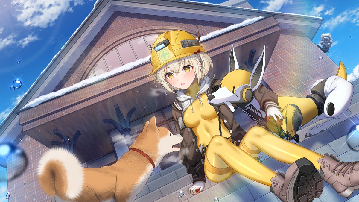 1girl akebono_kt belt blonde_hair blush bodysuit bolt_(nikke) breasts brown_footwear brown_jacket dog gloves goddess_of_victory:_nikke hardhat helmet jacket liter_(nikke) non-humanoid_robot open_clothes open_jacket open_mouth robot robot_animal robot_dog safety_boots short_hair sitting small_breasts utility_belt walkie-talkie white_gloves white_hood wrench yellow_bodysuit yellow_eyes