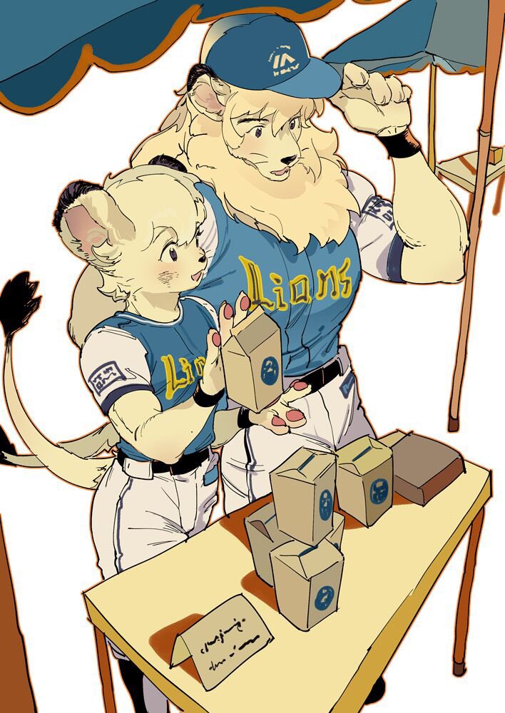 1boy 1girl animal_ears animal_hands atie1225 baseball_cap baseball_jersey baseball_uniform black_eyes blonde_hair blue_headwear blue_shirt body_fur commentary food_stand full_body furry furry_female furry_male hand_on_headwear hat holding leo_(seibu_lions) lina_(seibu_lions) lion_boy lion_ears lion_girl lion_tail looking_down mane open_mouth pants saitama_seibu_lions shirt short_sleeves simple_background sportswear standing symbol-only_commentary table tail whiskers white_background white_pants yellow_fur