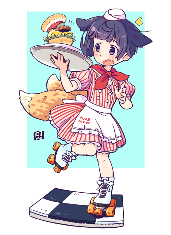 1girl animal_ears apron black_eyes black_hair blue_background bob_cut border burger dress food fox_ears fox_girl fox_tail full_body holding holding_tray kukuri_(mawaru) mawaru_(mawaru) multiple_tails neckerchief open_mouth original red_dress red_neckerchief roller_skates short_hair short_sleeves skates solo standing standing_on_one_leg tail tile_floor tiles tray waist_apron white_apron white_border