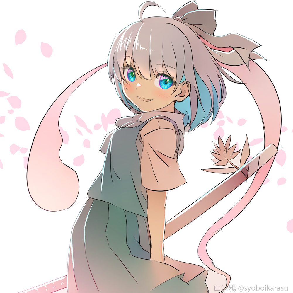 1girl :d ahoge aqua_eyes arms_behind_back blush bob_cut breasts cherry_blossoms green_skirt green_vest hitodama konpaku_youmu konpaku_youmu_(ghost) looking_at_viewer medium_hair petals ribbon shiroi_karasu simple_background skirt small_breasts smile solo touhou vest white_background