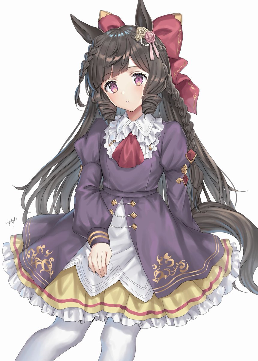1girl animal_ears blush bow breasts closed_mouth daiichi_ruby_(umamusume) drill_hair flower gothic_lolita hair_bow hair_flower hair_ornament highres horse_ears horse_girl horse_tail lolita_fashion long_hair looking_at_viewer oshage_(osyage921) pantyhose parted_bangs simple_background small_breasts solo tail umamusume violet_eyes white_background