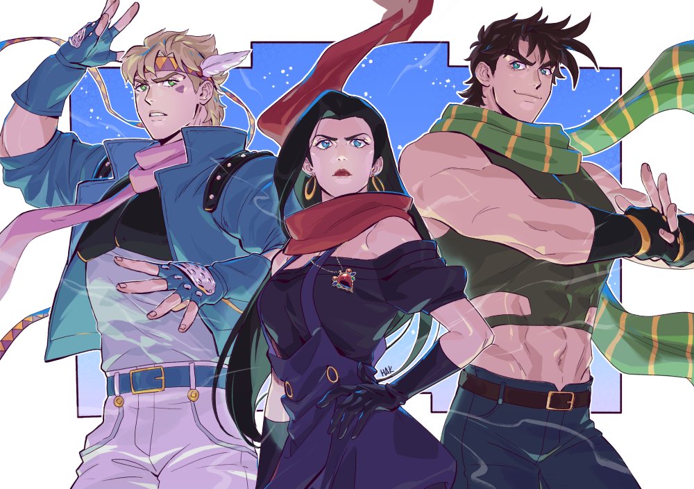 1girl 2boys abs bare_shoulders battle_tendency black_hair blonde_hair blue_eyes blue_jacket brown_hair caesar_anthonio_zeppeli cracking_knuckles crop_top dress earrings facial_mark feather_hair_ornament feathers fighting_stance fingerless_gloves gloves green_eyes grin hair_ornament hakmonss headband hoop_earrings jacket jewelry jojo_no_kimyou_na_bouken joseph_joestar joseph_joestar_(young) lisa_lisa long_hair multiple_boys necklace off-shoulder_dress off_shoulder pink_scarf red_scarf red_stone_of_aja scarf smile striped striped_scarf tight_top triangle_print