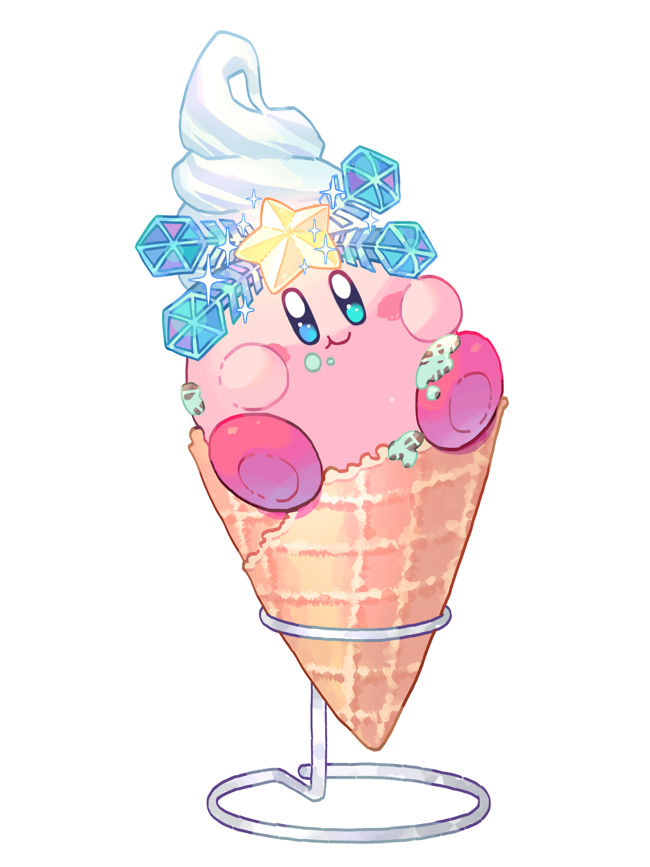 :t blue_eyes blush blush_stickers closed_mouth food food_on_face full_body ice_cream ice_cream_cone kirby kirby_(series) looking_at_viewer mint_chocolate mutekyan simple_background sitting smile sparkle star_(symbol) white_background