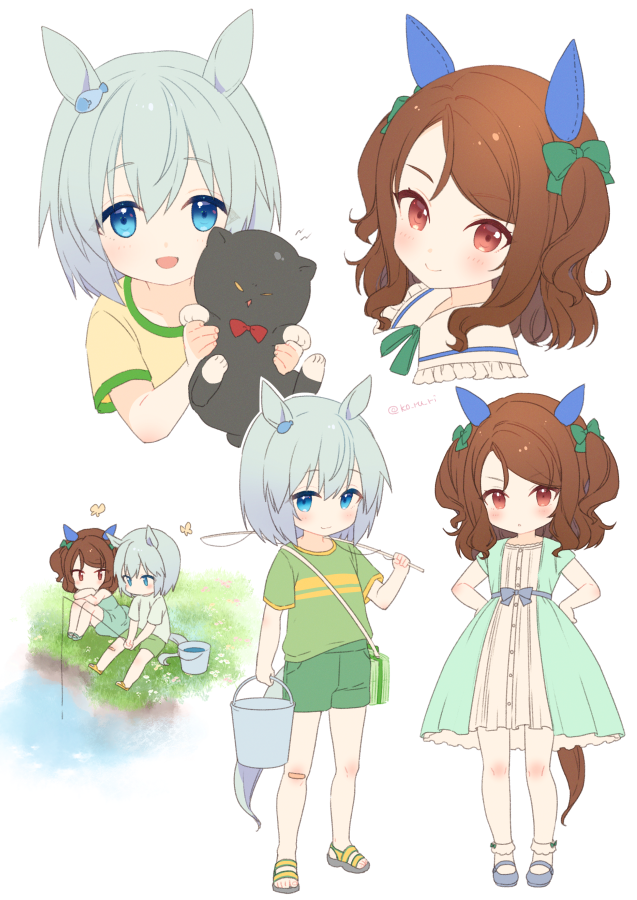 2girls :d aged_down animal animal_ears bag black_cat blue_eyes bobby_socks bow brown_hair bucket bug butterfly cat chibi closed_mouth commentary_request dress fishing fishing_line fishing_rod green_bow green_dress green_shirt green_shorts grey_footwear grey_hair hair_between_eyes hair_bow hands_on_hips holding holding_animal holding_fishing_rod horse_ears horse_girl horse_tail king_halo_(umamusume) knees_up koruri multiple_girls on_grass red_eyes sandals seiun_sky_(umamusume) shirt shoes short_shorts short_sleeves shorts shoulder_bag smile socks swept_bangs tail two_side_up umamusume white_socks