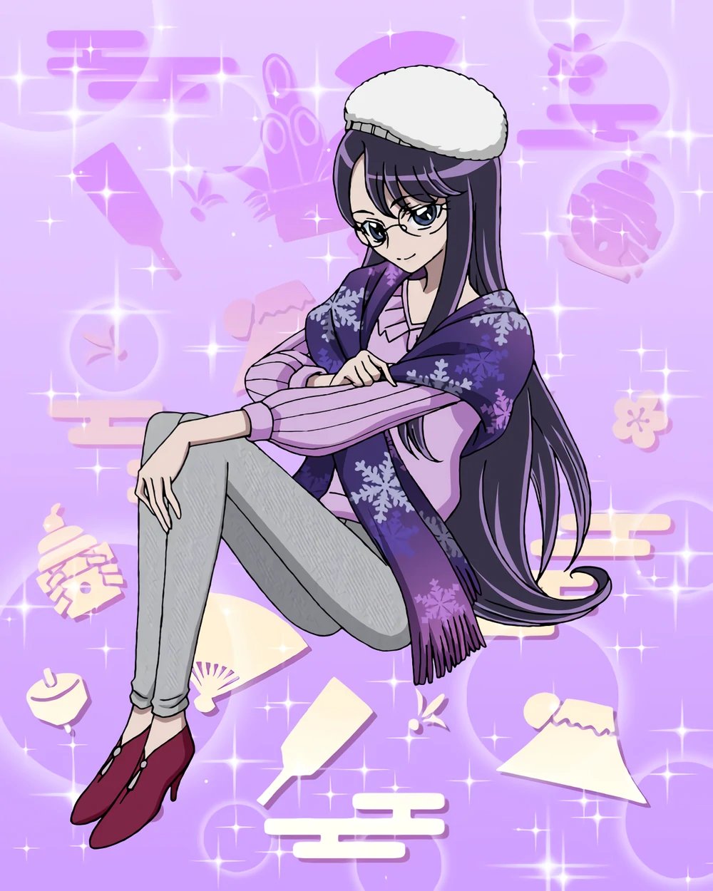 1girl artist_request casual commentary english_commentary eyelashes glasses happy heartcatch_precure! highres long_hair looking_at_viewer official_art pants precure precure_connection_puzzlun purple_background purple_hair purple_sweater purple_theme sitting smile solo sweater third-party_source tsukikage_yuri violet_eyes