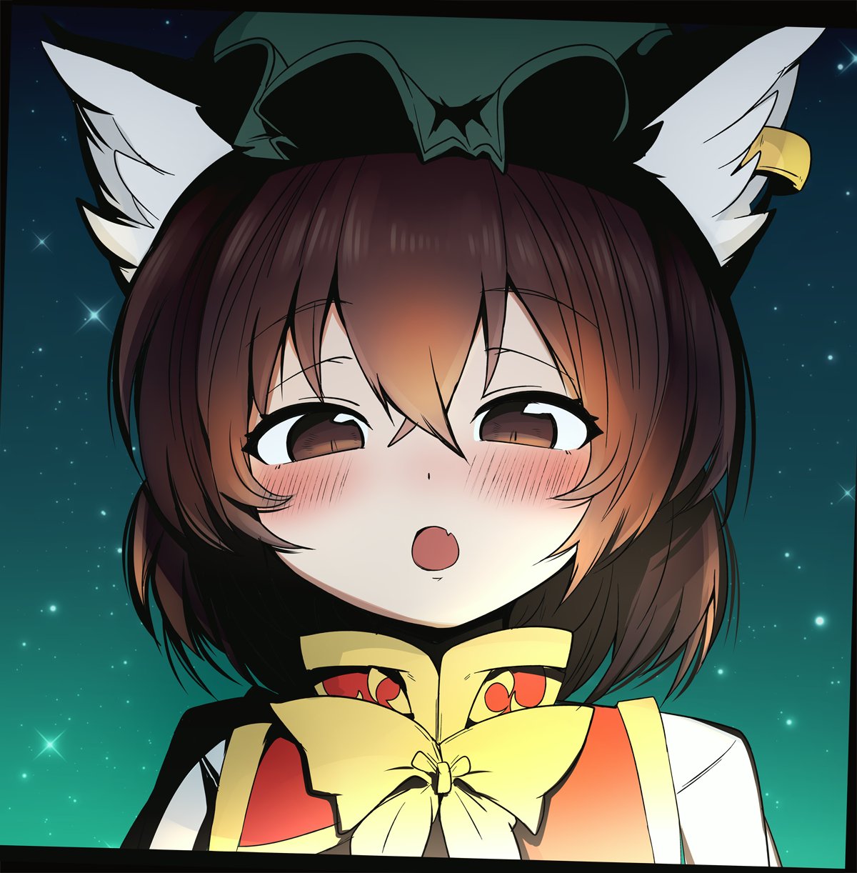 1girl animal_ear_fluff animal_ears ascot blush bow brown_eyes brown_hair cat_ears chen earrings fang hat highres jewelry letterboxed looking_at_viewer mizuga mob_cap open_mouth single_earring solo star_(symbol) touhou yellow_bow