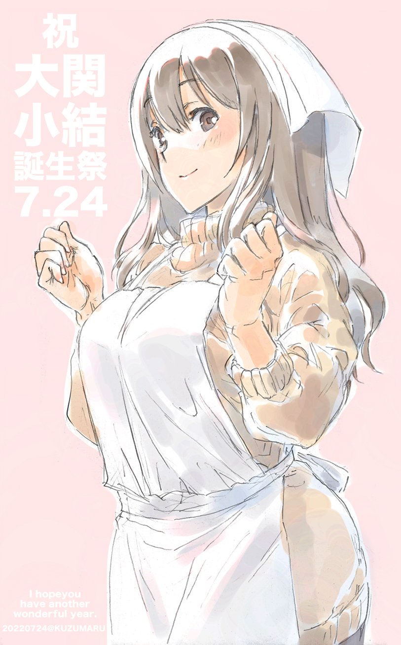 1girl alice_gear_aegis apron blush breasts brown_eyes brown_hair clenched_hands dated hair_between_eyes head_scarf highres large_breasts long_hair looking_at_viewer oozeki_koyui orange_sweater pink_background simple_background smile solo suzumaru sweater turtleneck turtleneck_sweater twitter_username white_apron