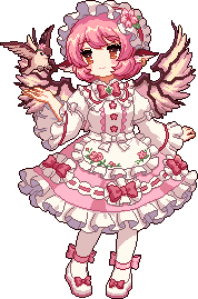 1girl alternate_costume animal animal_ears bird bird_ears bird_wings blush_stickers closed_mouth earrings full_body jewelry lowres mystia_lorelei pink_eyes pink_hair pixel_art short_hair single_earring smile solo sparrow touhou touhou_mystia's_izakaya transparent_background white_wings wings youzikk