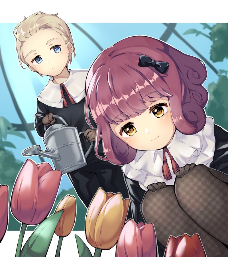 1boy 1girl black_dress blonde_hair blue_eyes blush bow closed_mouth collar dress flower frills hair_bow hands_on_own_knees holding holding_watering_can long_sleeves looking_at_another lou_(shadows_house) red_flower red_ribbon redhead ribbon ricky_(shadows_house) shadows_house short_hair sitting smile standing tulip watering_can white_collar yellow_eyes yellow_flower yomo_(yomooo1313)